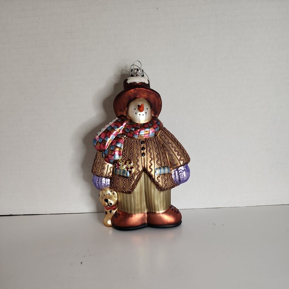 Kurt Adler Snowman with Dog Santa's World Christmas Tree Glass Ornament 7.5"